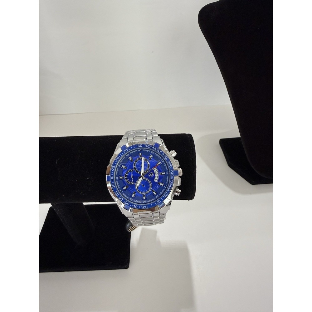 AJ Brand Silver Men's Chronograph Watch Blue Dial stainless steel band
